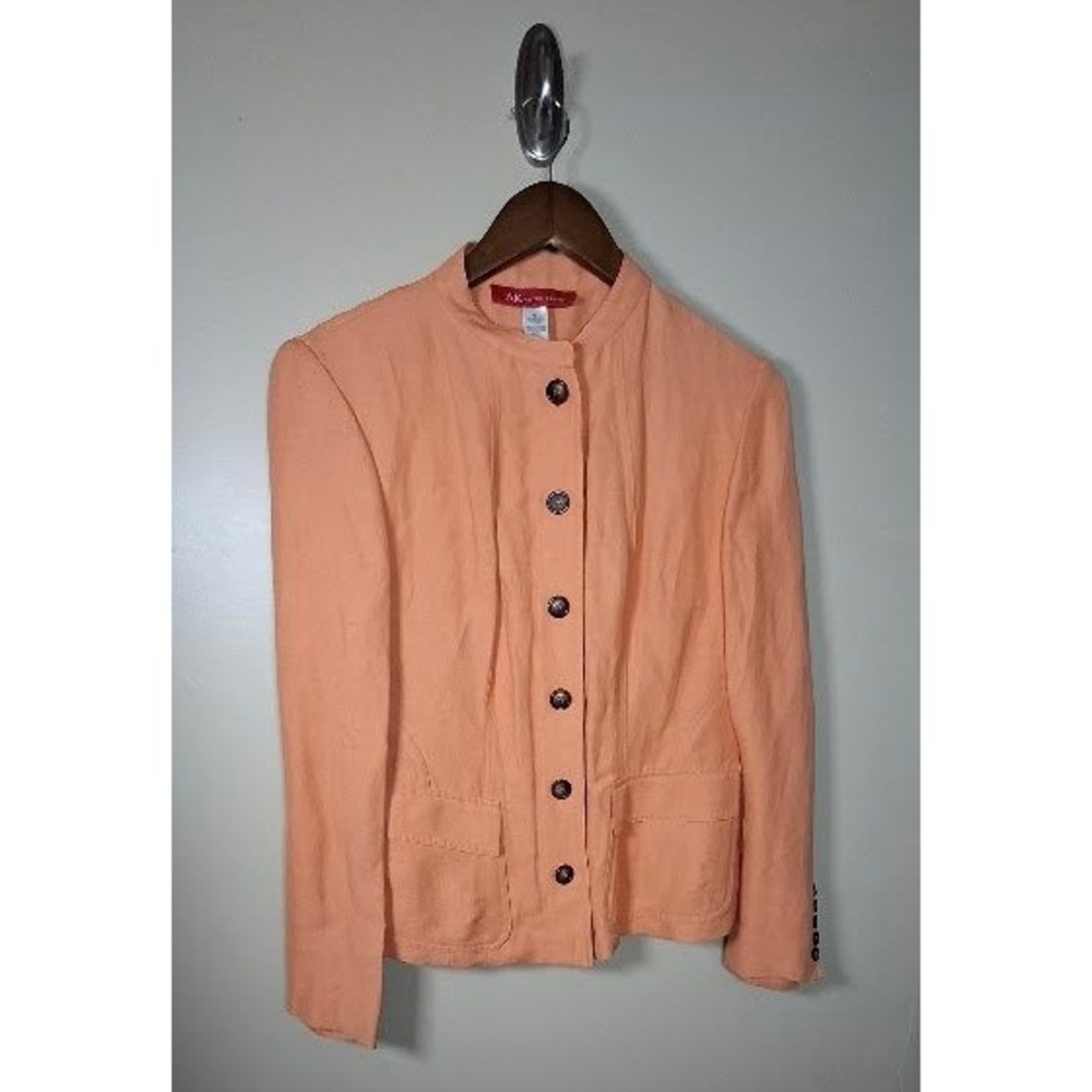 Anne Klein Peach Coral Linen Blend Button Front Blazer Jacket Mandarin Collar 10